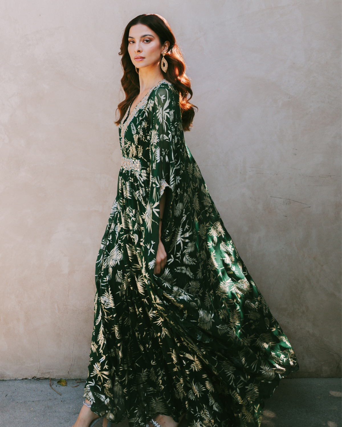 Emerald Green Chiffon and Gold Foil Indian Kaftan | KYNAH USA Xs / 58 Emerald Green Chiffon and Gold Foil Indian Kaftan | KYNAH USA Xs / 58