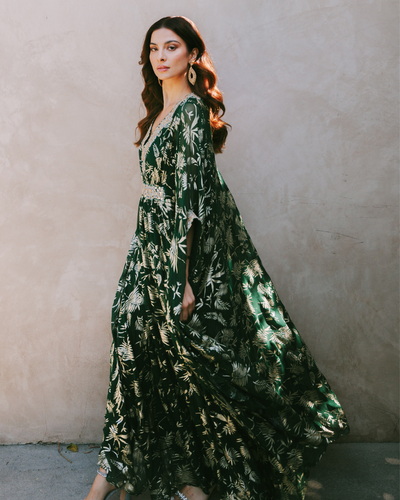 Emerald Green Chiffon and Gold Foil Indian Kaftan | KYNAH USA XS / 58 Emerald Green Chiffon and Gold Foil Indian Kaftan | KYNAH USA XS / 58