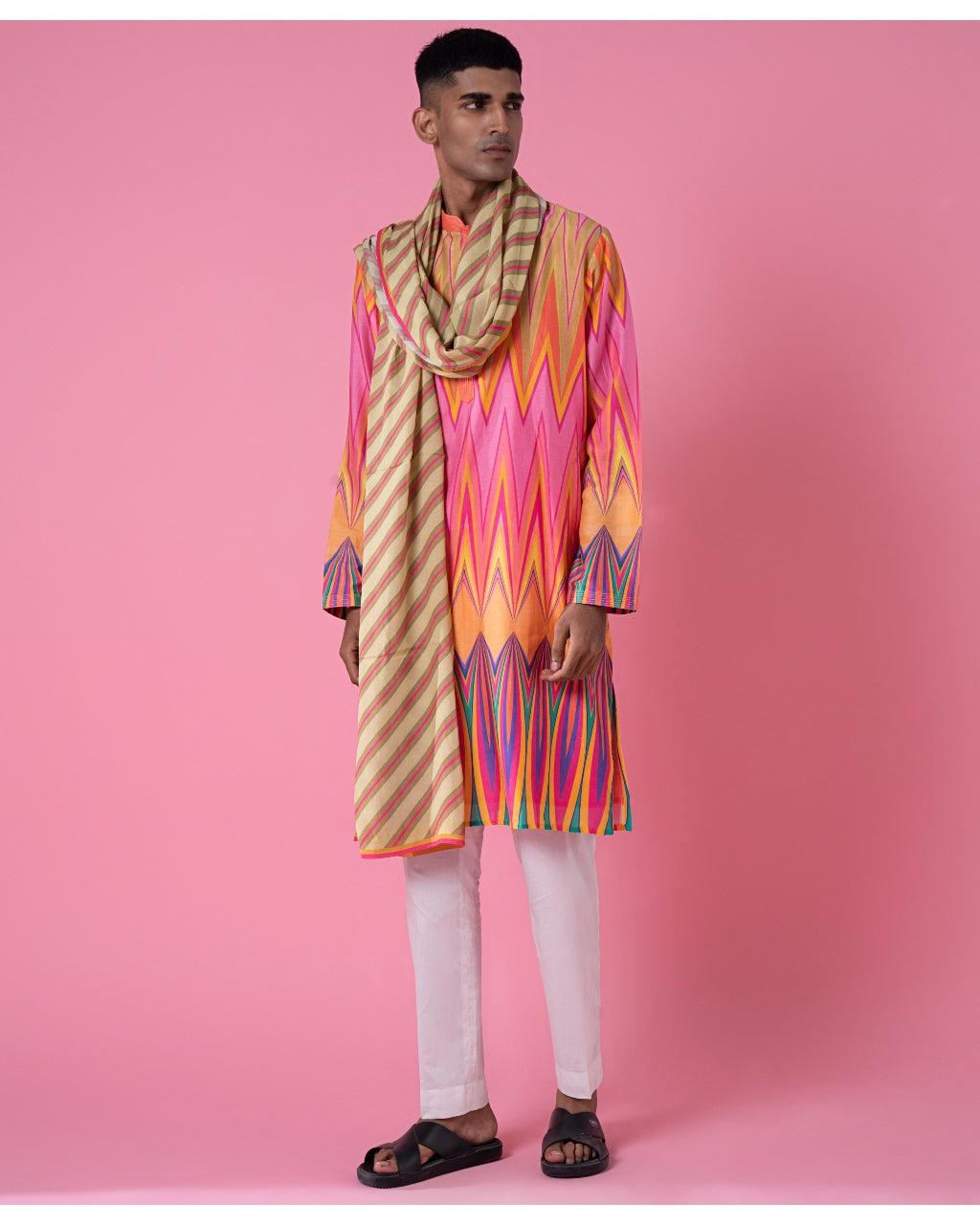 Yellow Pink Chevron Printed Kurta Set