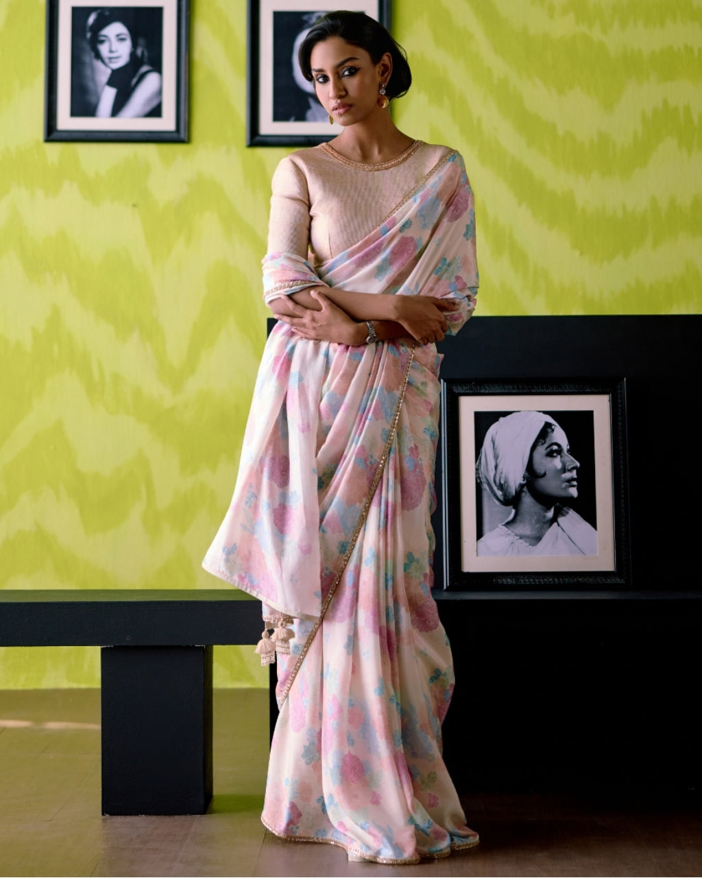 Ivory Floral Print Sari With Blouse Set