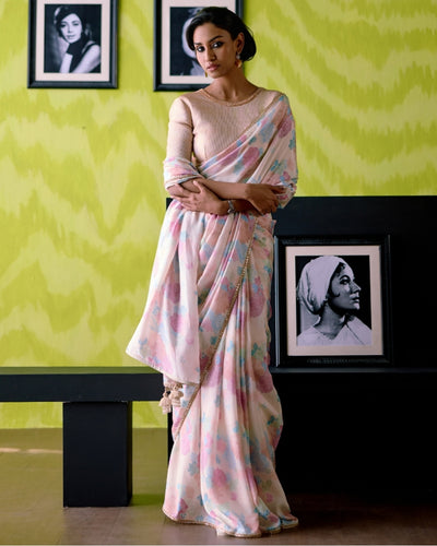 Ivory Floral Print Sari With Blouse Set