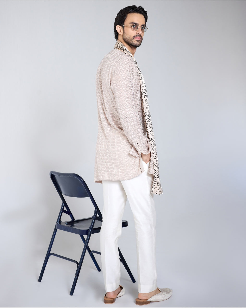 Beige Chessboard Shirt Kurta Set