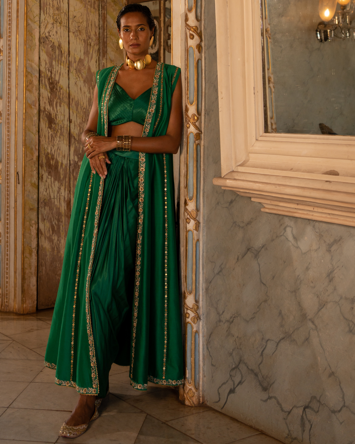 Emerald Stain Draped Skirt Set By Paulmi & Harsh