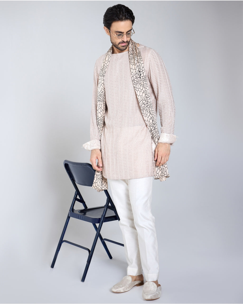 Beige Chessboard Shirt Kurta Set