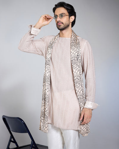 Beige Chessboard Shirt Kurta Set