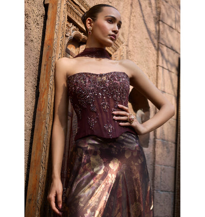 Mocha Mirage Corset & Drape Skirt Set with Dupatta