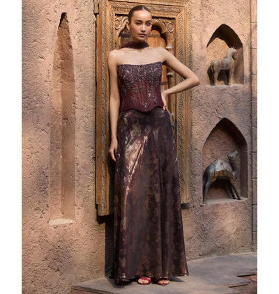 Mocha Mirage Corset & Drape Skirt Set with Dupatta