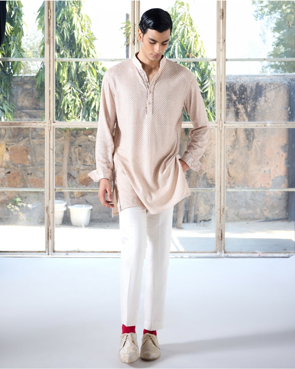 Blush Pink Square Henley Shirt Kurta Set