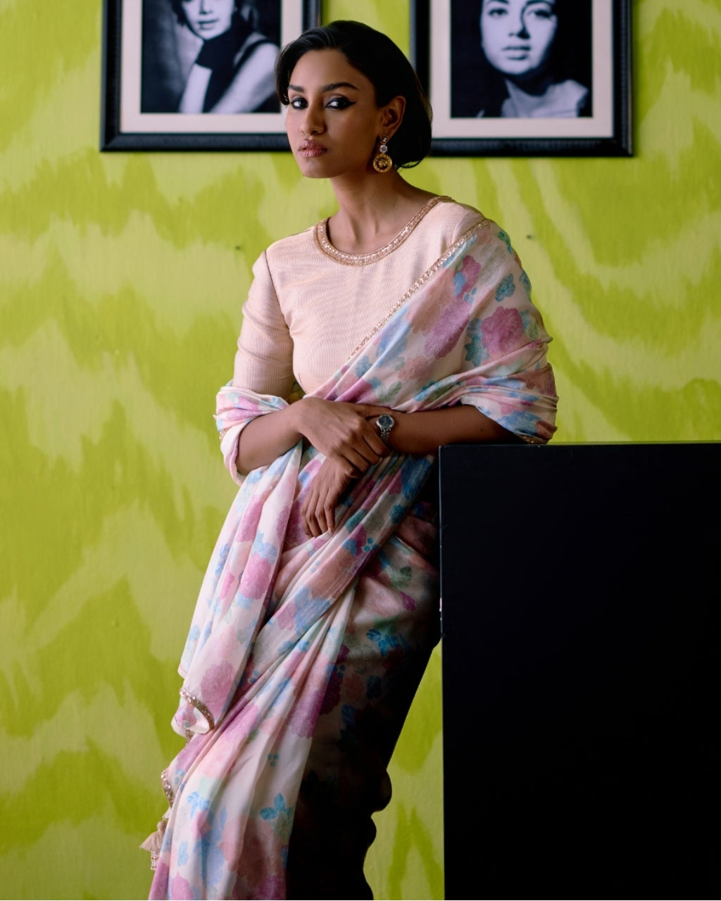 Ivory Floral Print Sari With Blouse Set