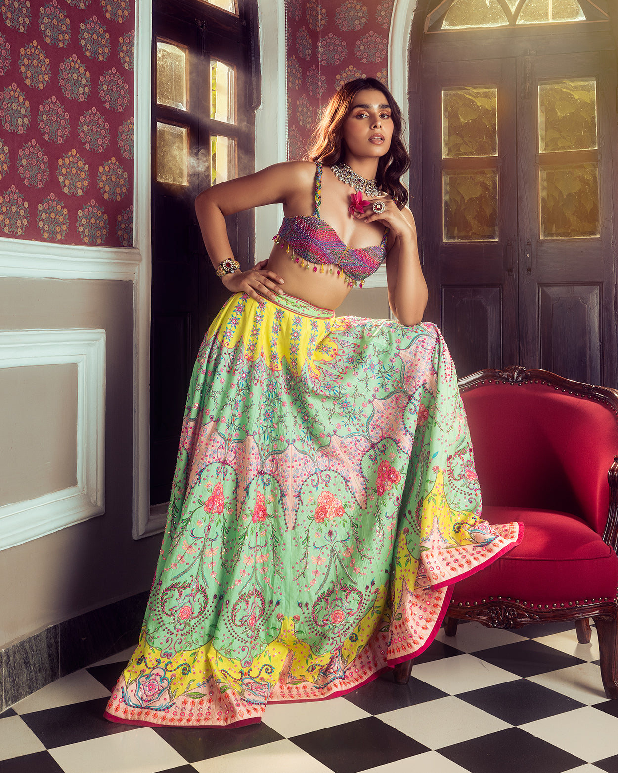 Neon Traditional Floral Print Embroidered Lehenga Set