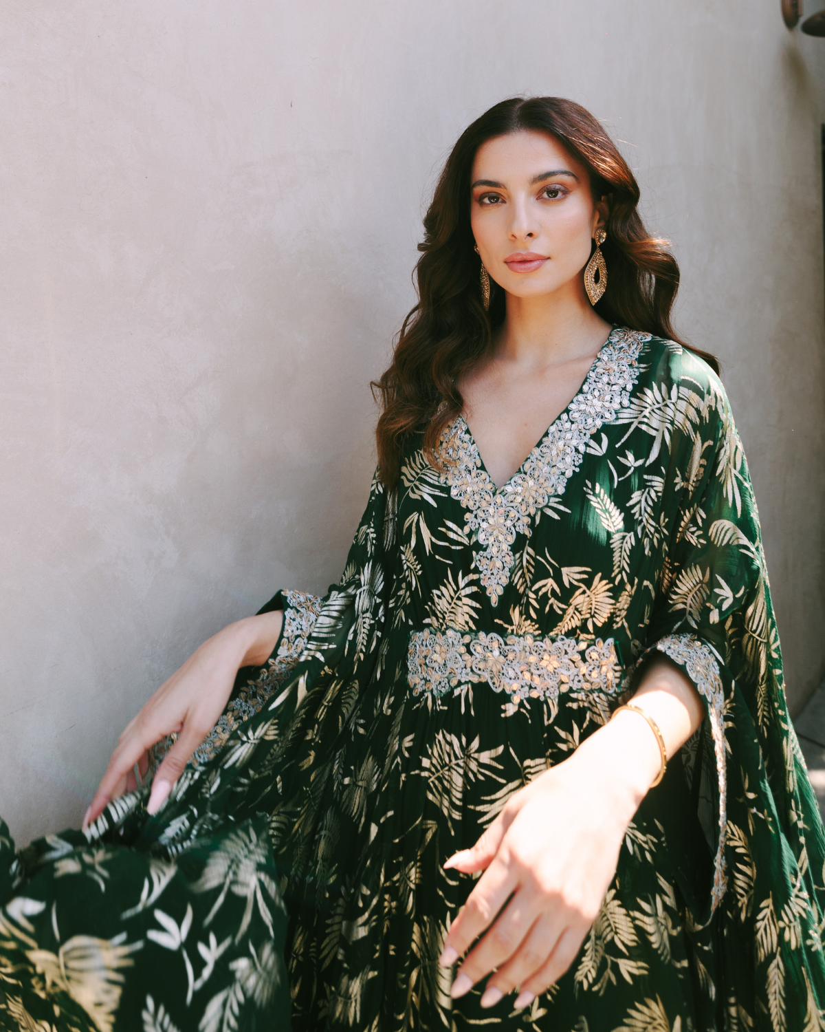 Emerald Green Chiffon and Gold Foil Indian Kaftan | KYNAH USA XS / 58 Emerald Green Chiffon and Gold Foil Indian Kaftan | KYNAH USA XS / 58