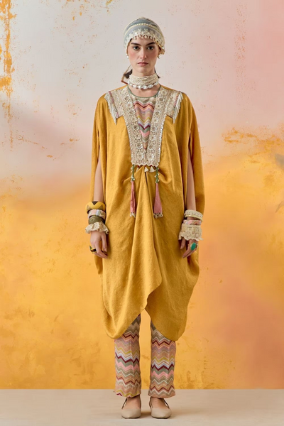 Yellow Topaz Mural Ritu Kaftan Tunic WIth Staright Trouser Set