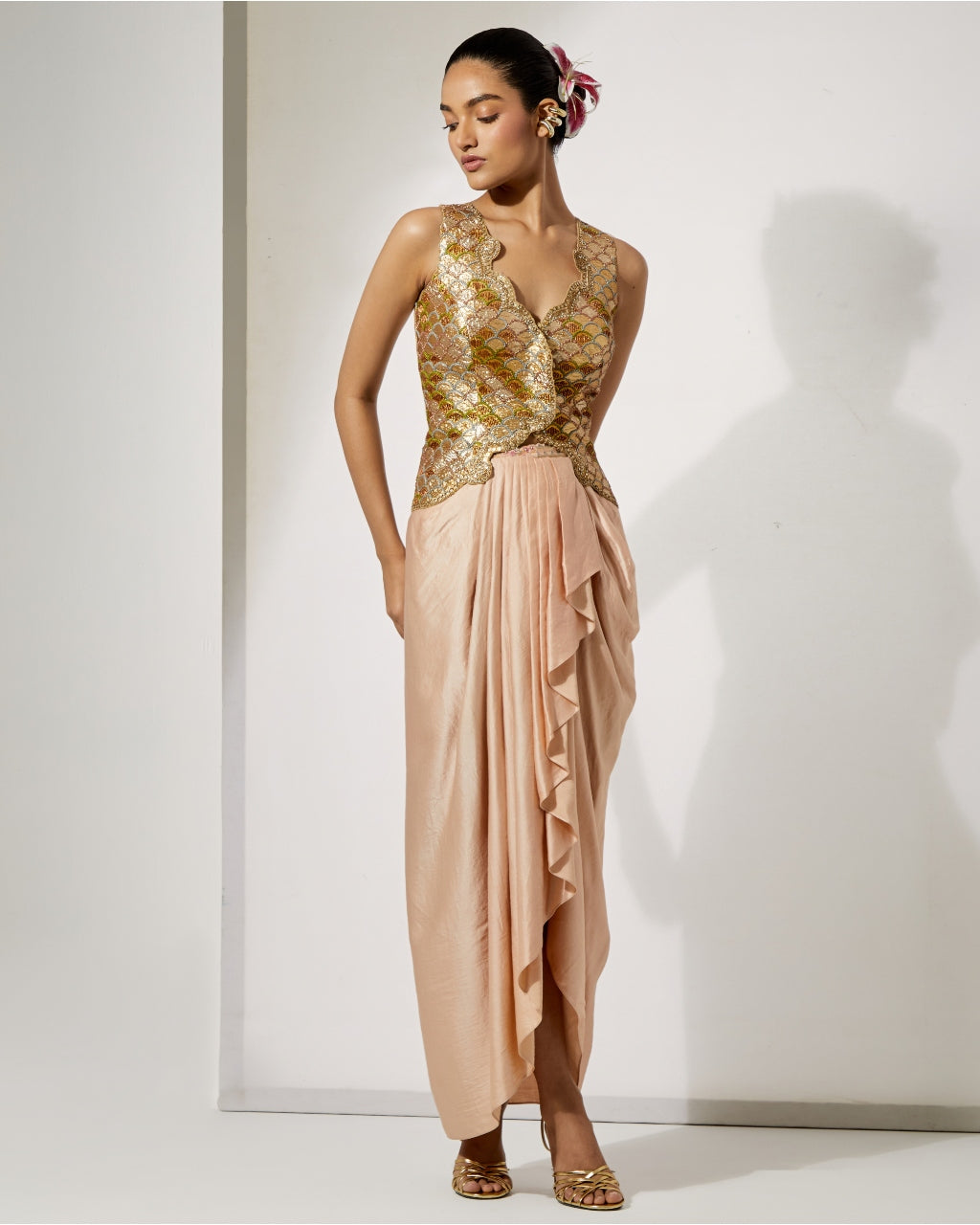 Champagne Embroidered Corset & Drape Skirt Set