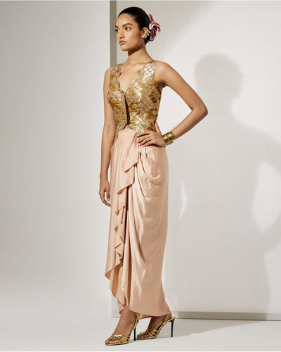 Champagne Embroidered Corset & Drape Skirt Set