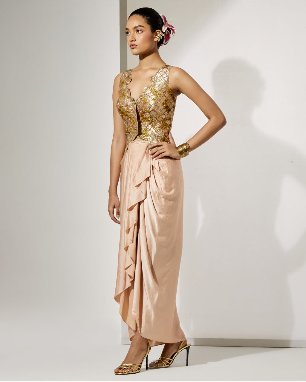 Champagne Embroidered Corset & Drape Skirt Set