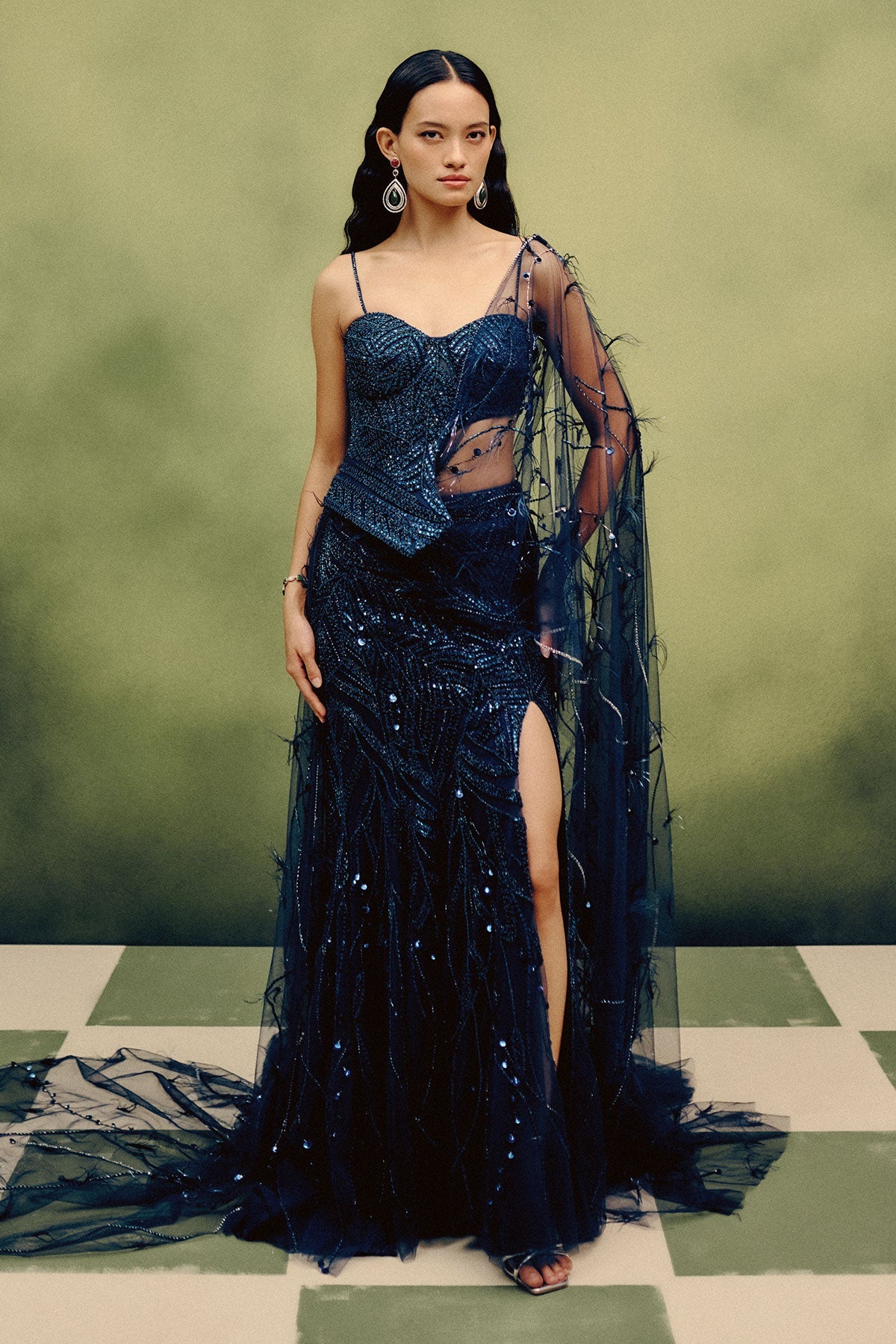 Celeste Plume Corset & Skirt Set With A Drape Dupatta