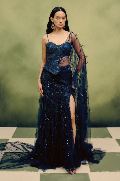 Celeste Plume Corset & Skirt Set With A Drape Dupatta