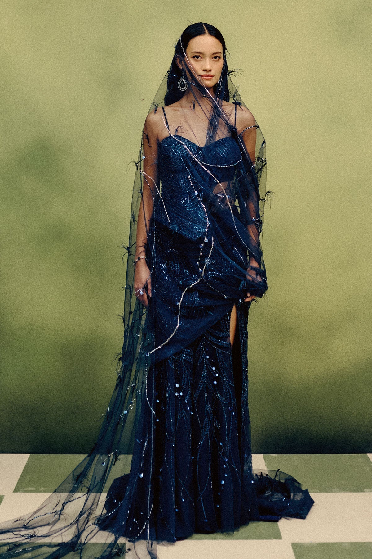 Celeste Plume Corset & Skirt Set With A Drape Dupatta