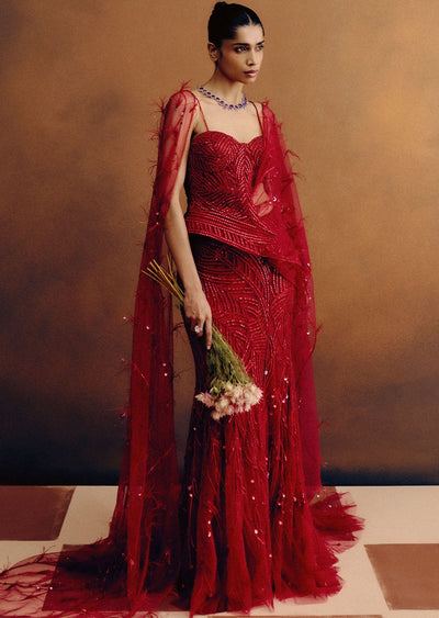 Rouge Ascend Corset & Skirt Set With A Drape Dupatta