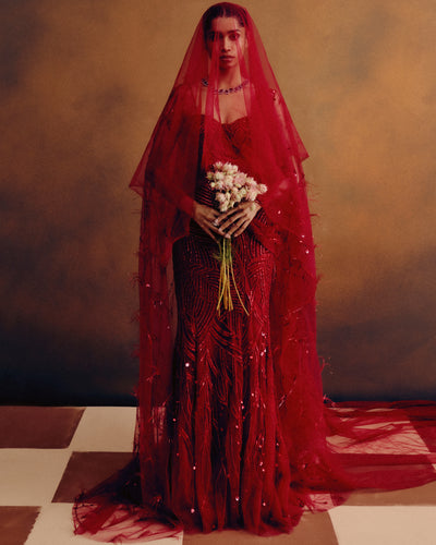 Rouge Ascend Corset & Skirt Set With A Drape Dupatta