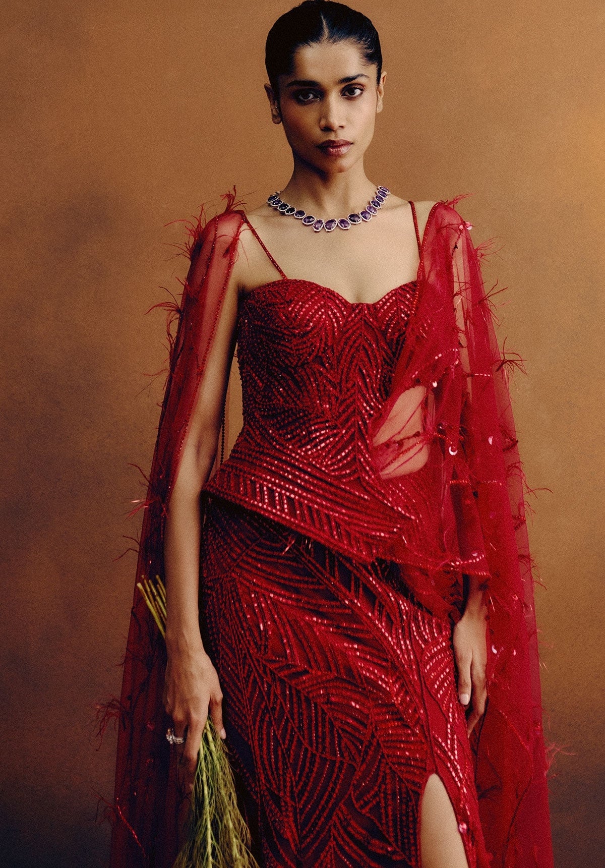 Rouge Ascend Corset & Skirt Set With A Drape Dupatta