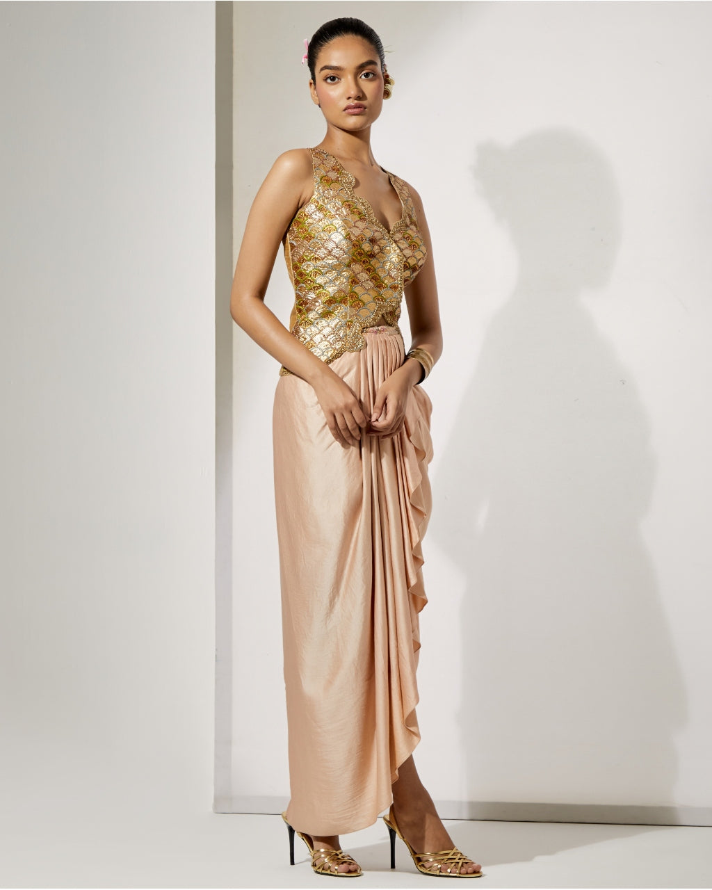 Champagne Embroidered Corset & Drape Skirt Set