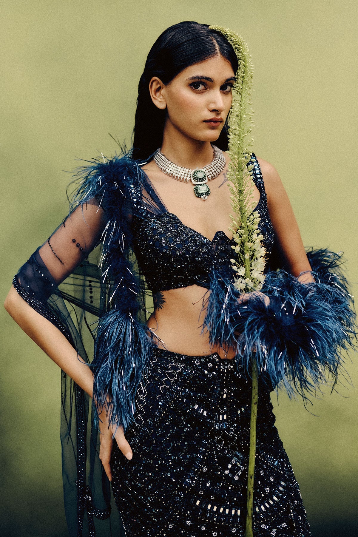 Noir Illume Blouse & Skirt Set With Dupatta