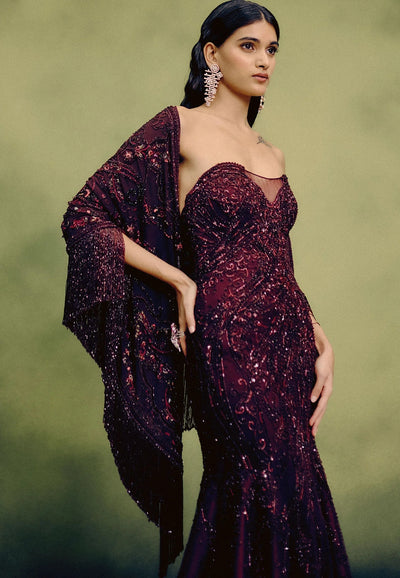 Sangria Gown With Cape Drape