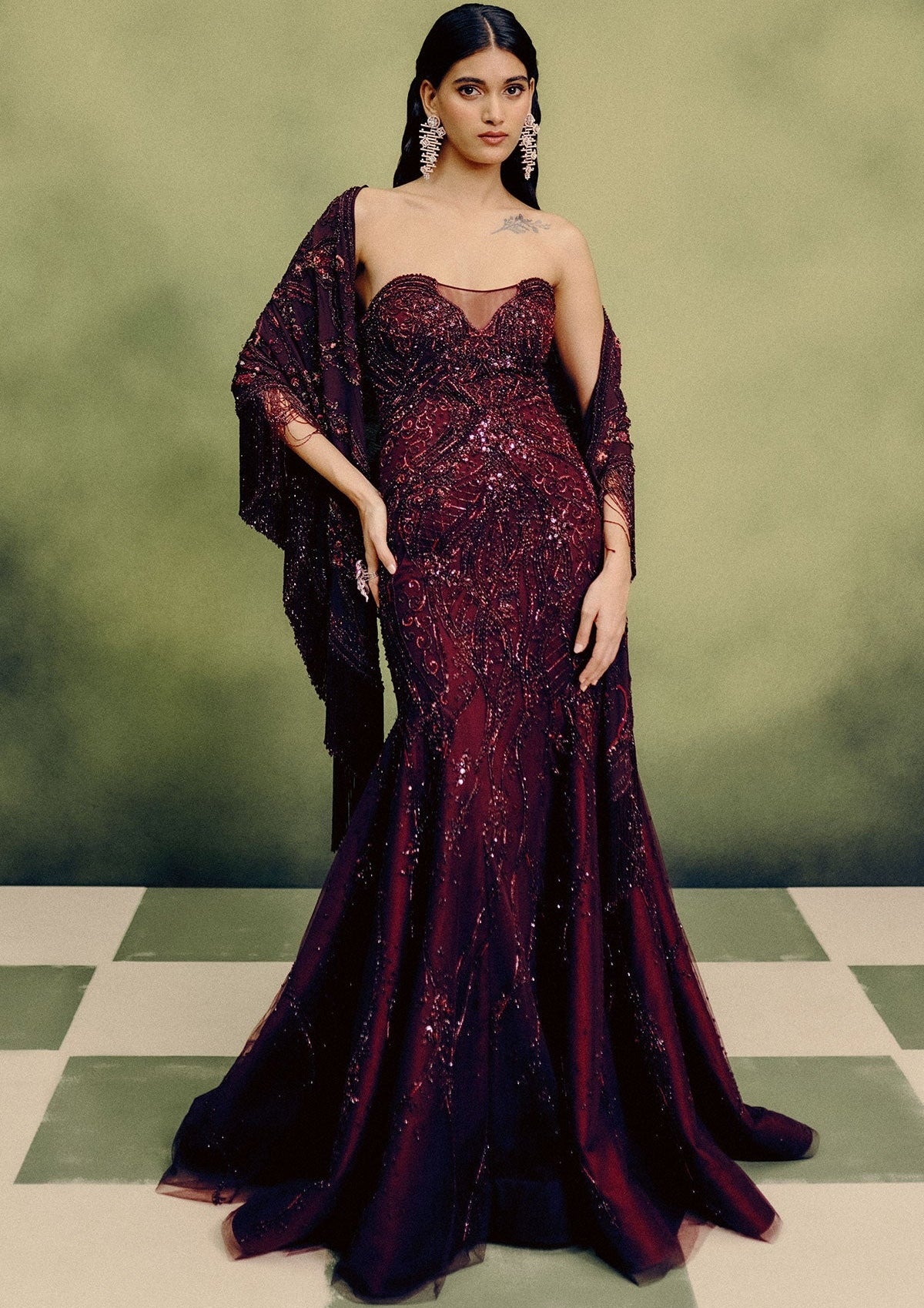 Sangria Gown With Cape Drape