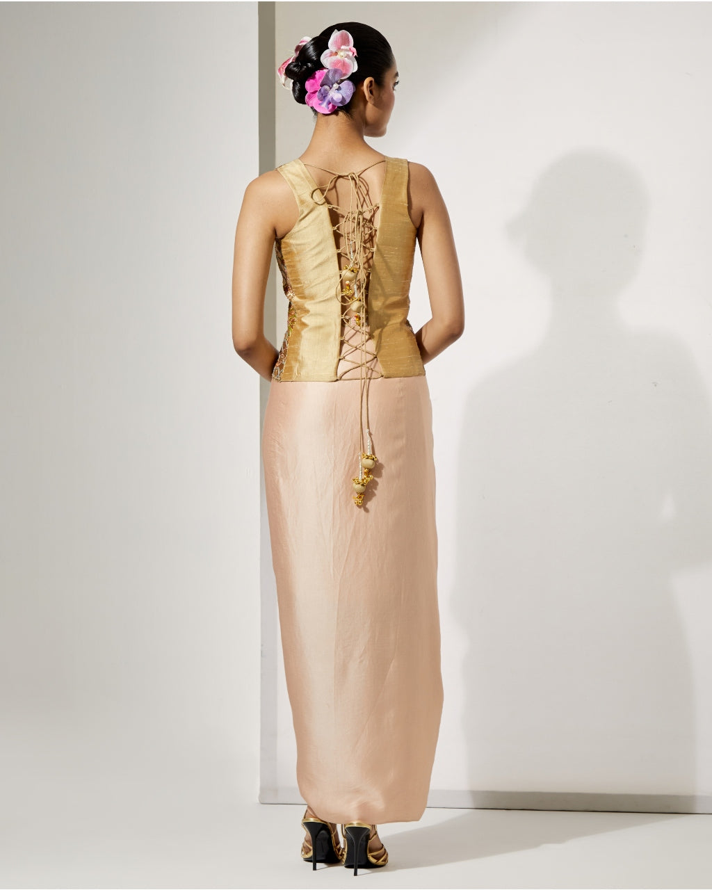 Champagne Embroidered Corset & Drape Skirt Set