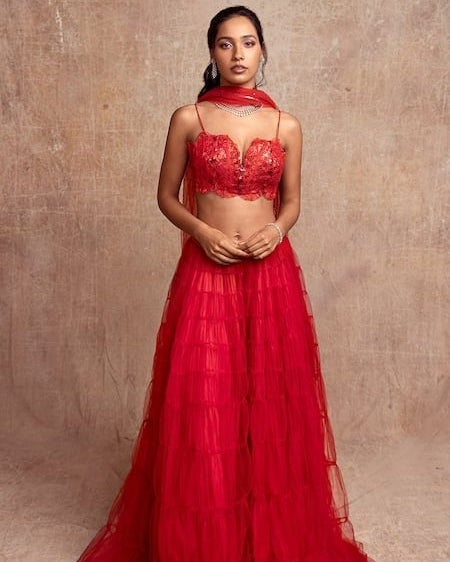 Red Tulle Lehenga With Dupatta