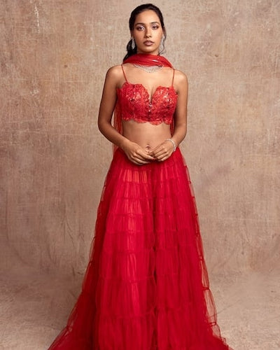 Red Tulle Lehenga With Dupatta