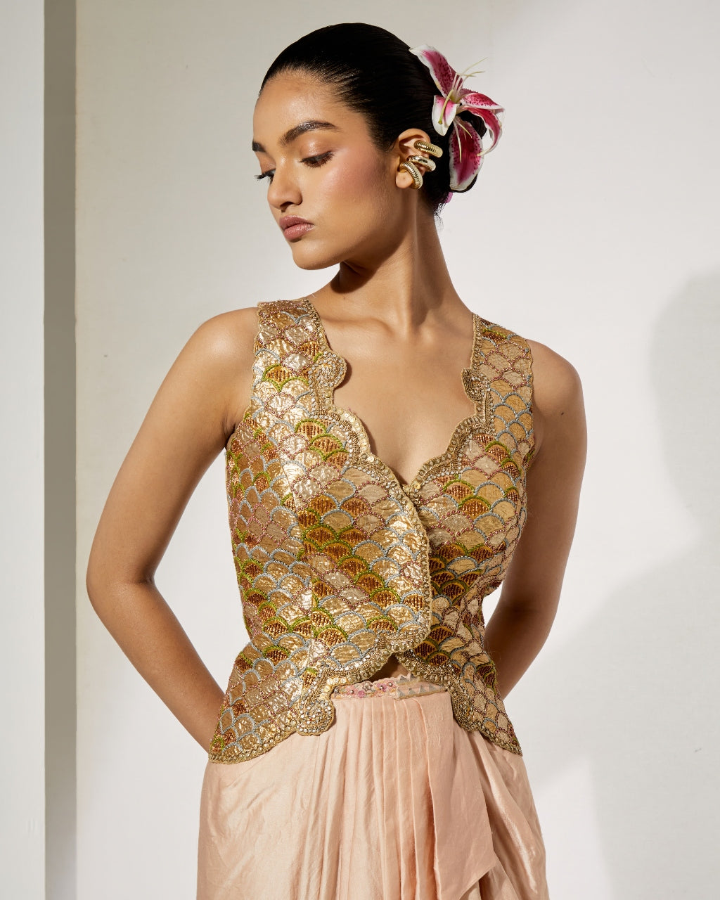 Champagne Embroidered Corset & Drape Skirt Set