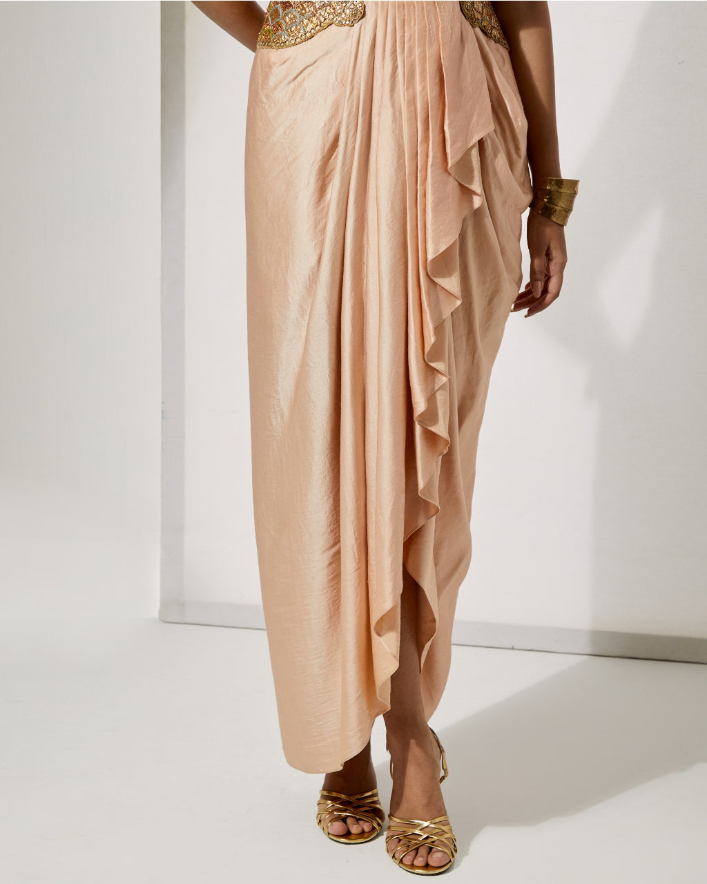 Champagne Embroidered Corset & Drape Skirt Set