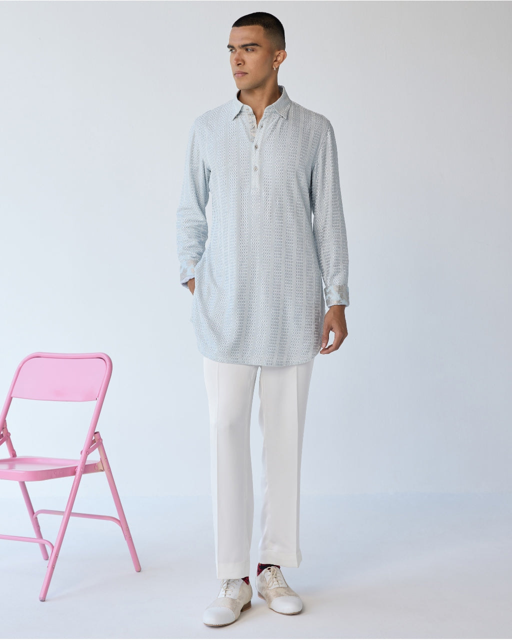 Mint Blue Chessboard Henley Kurta Set