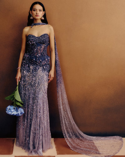 Améthyste Corset, Blouse & Skirt Set With Dupatta