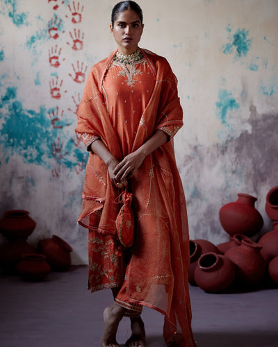 Rust Orange Panelled Straight Kurta Set