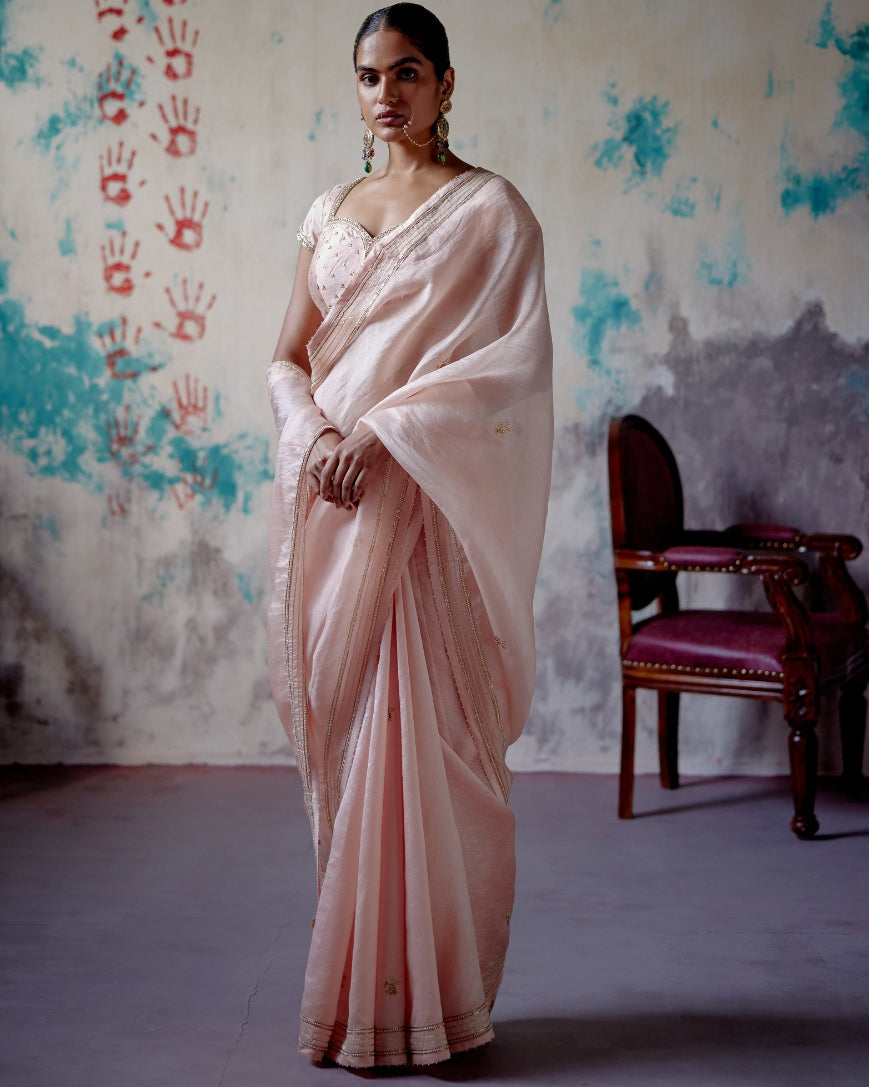 Soft Peach Half N Half Sari With Mega Sleeve Blouse