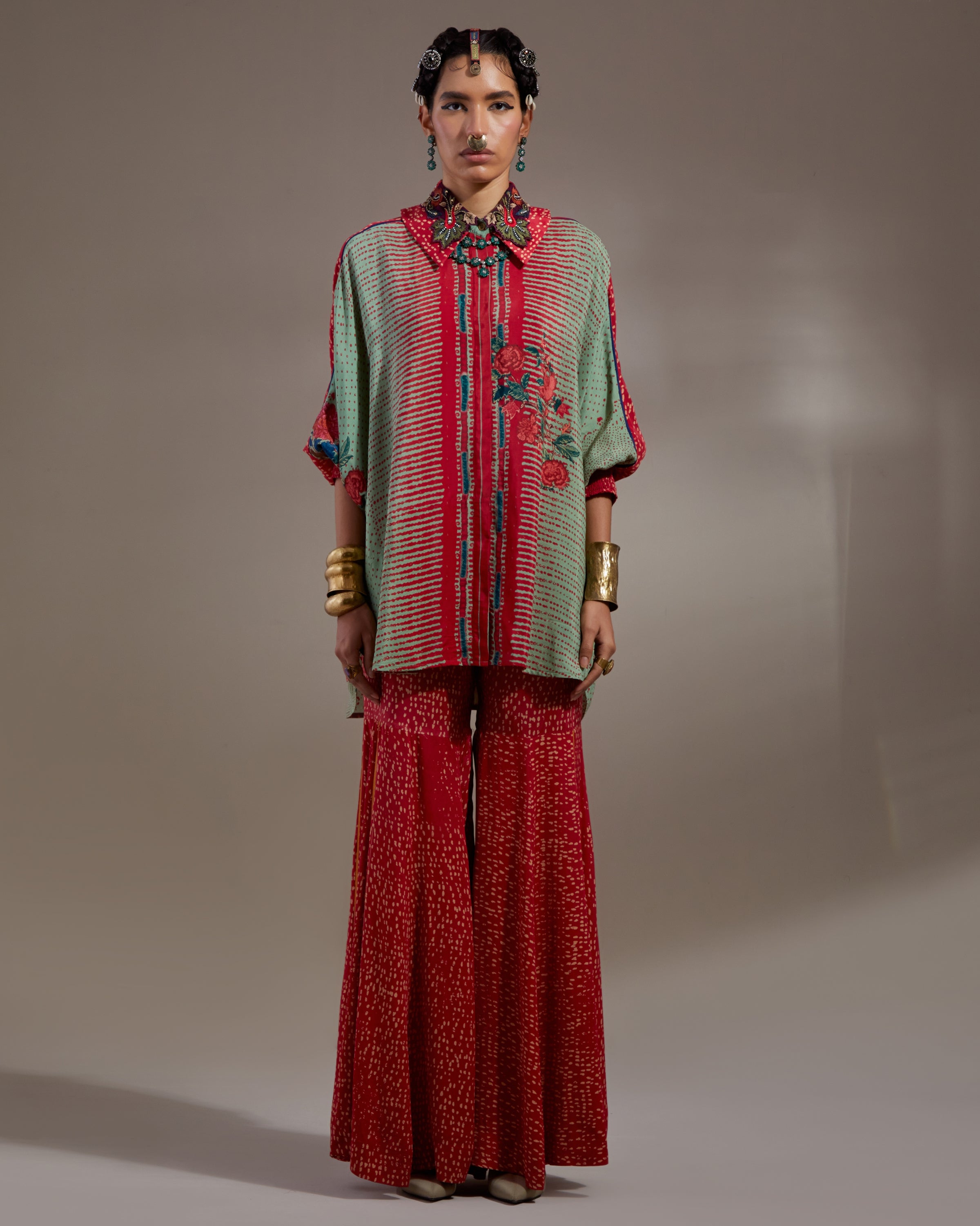 Ash Green Mandala Shirt & Gharara Set