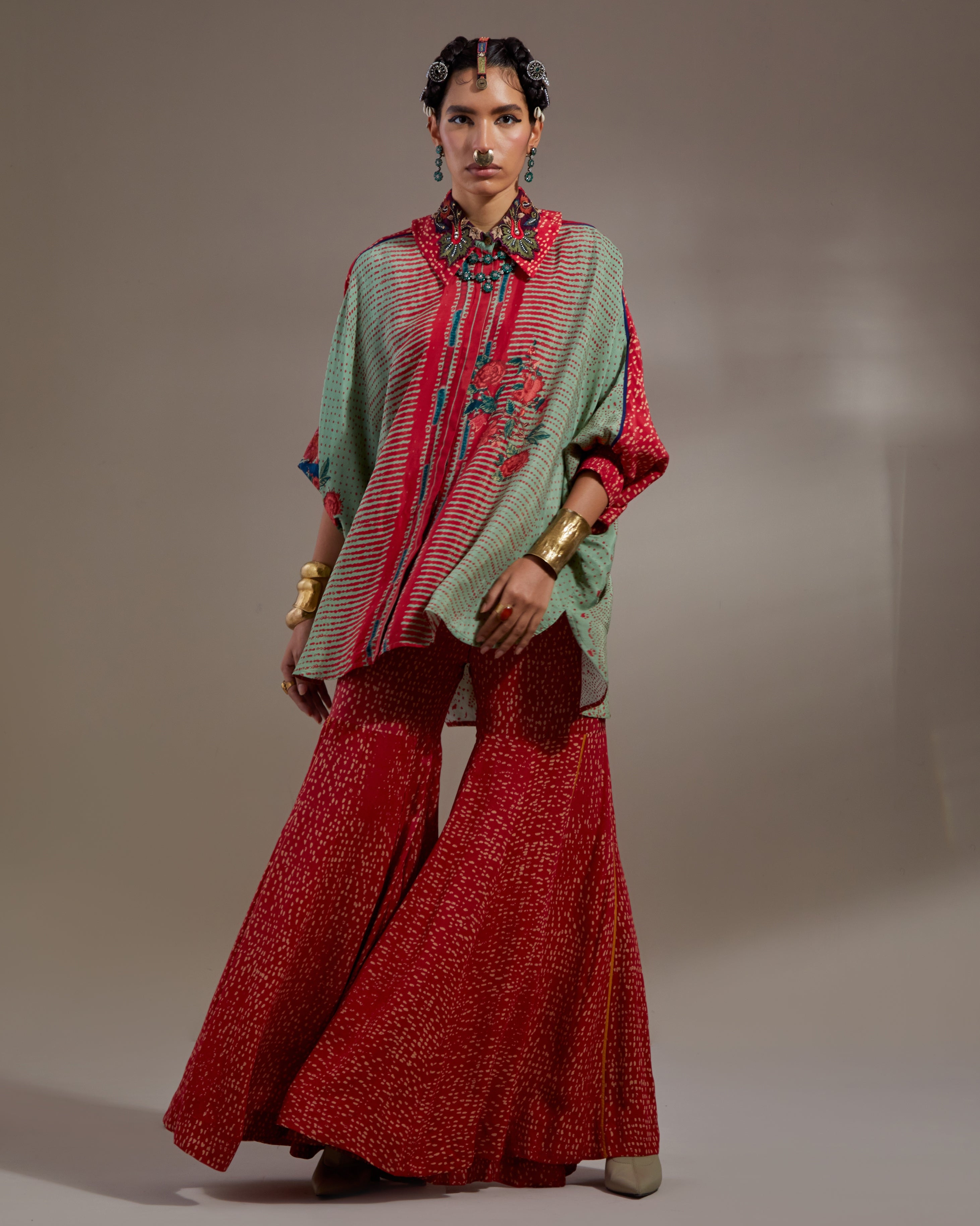 Ash Green Mandala Shirt & Gharara Set