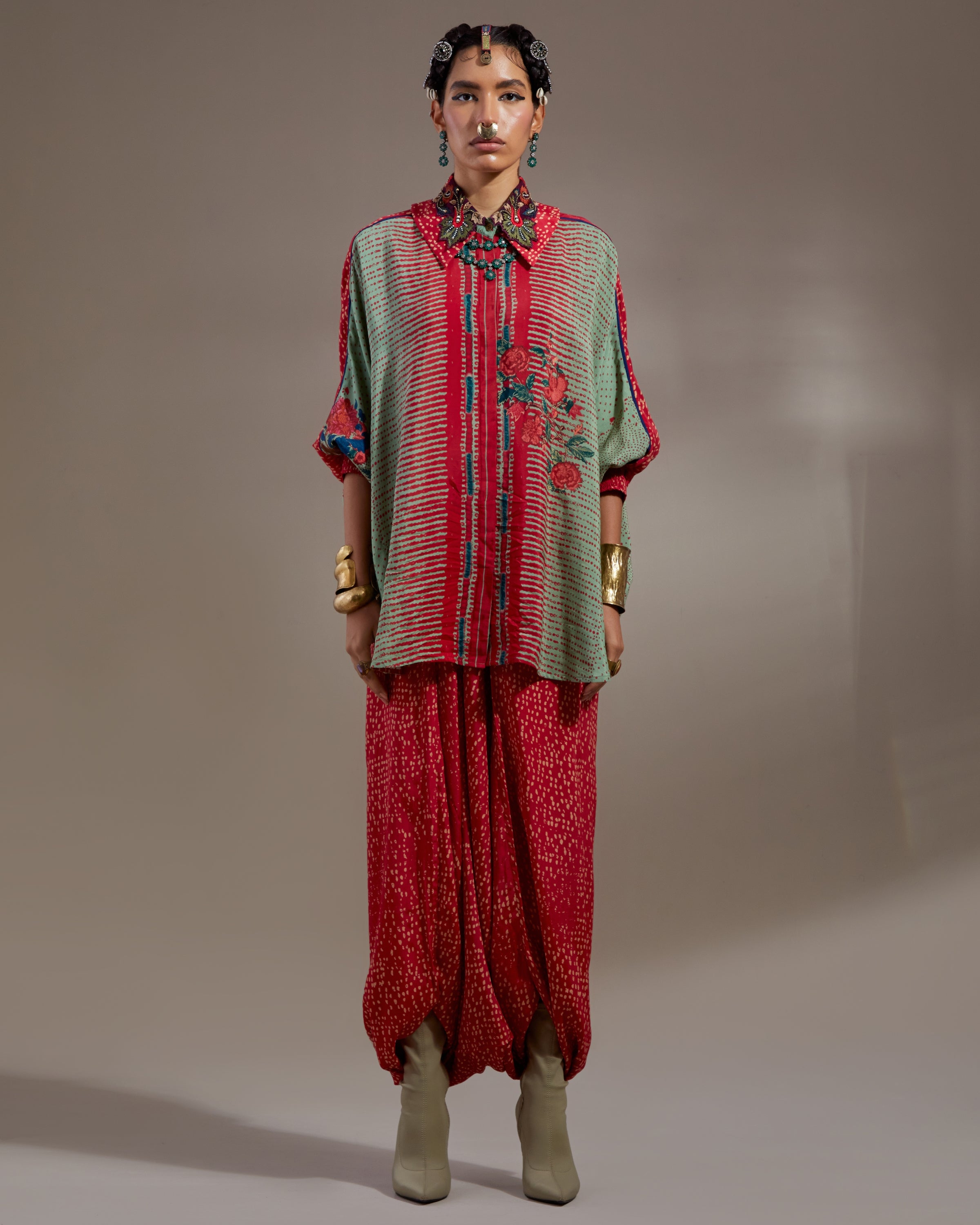 Ash Green Mandala Shirt & Dhoti Pants Set