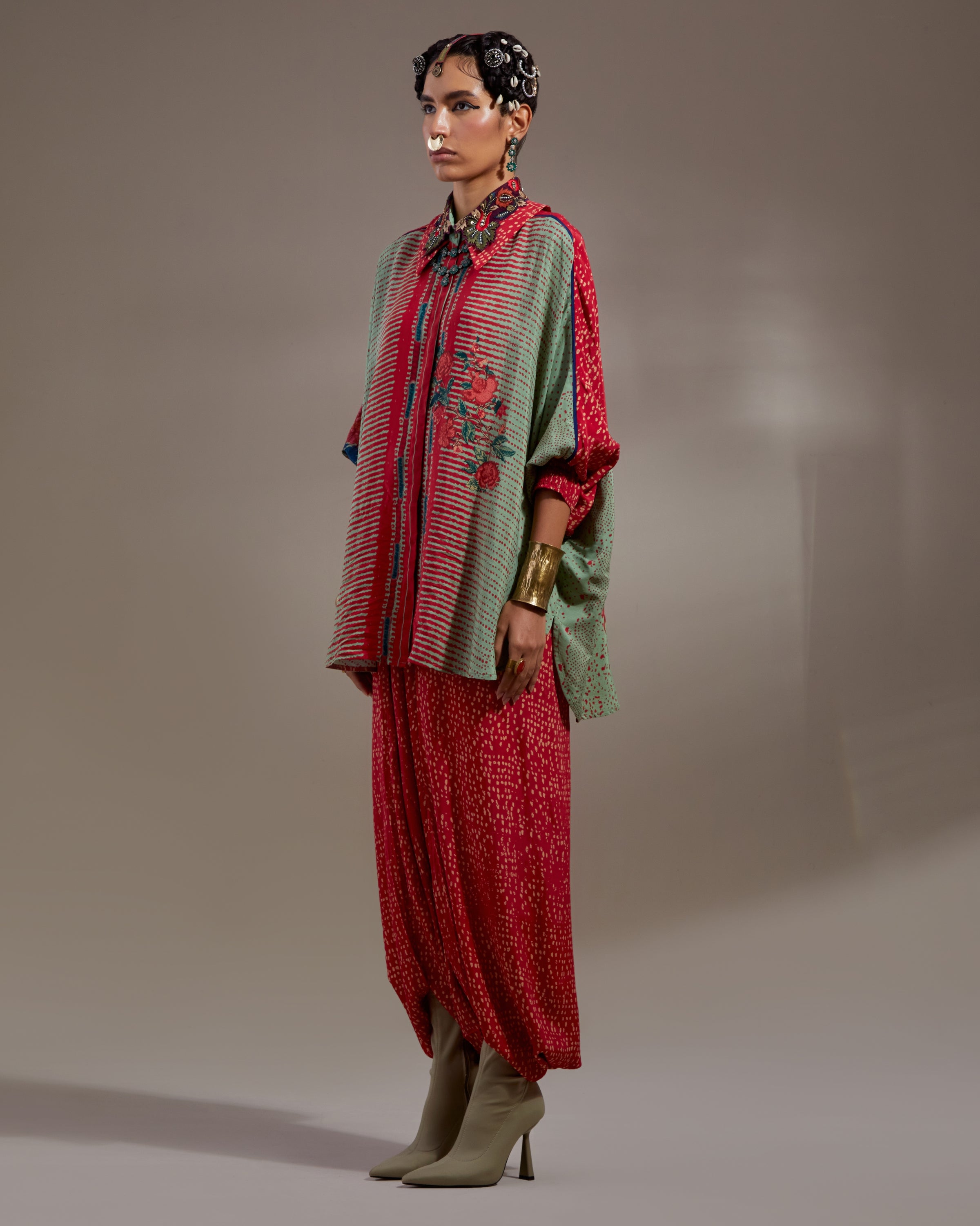 Ash Green Mandala Shirt & Dhoti Pants Set