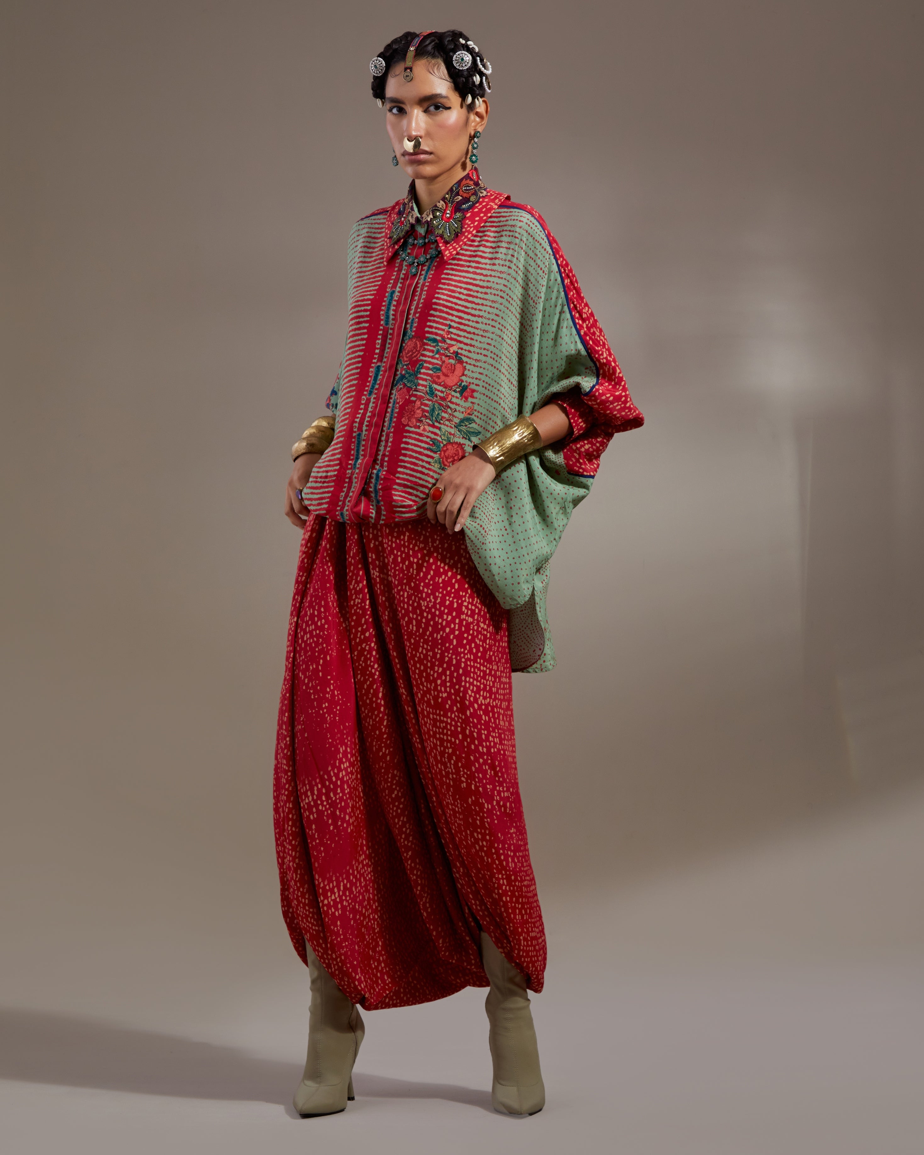 Ash Green Mandala Shirt & Dhoti Pants Set
