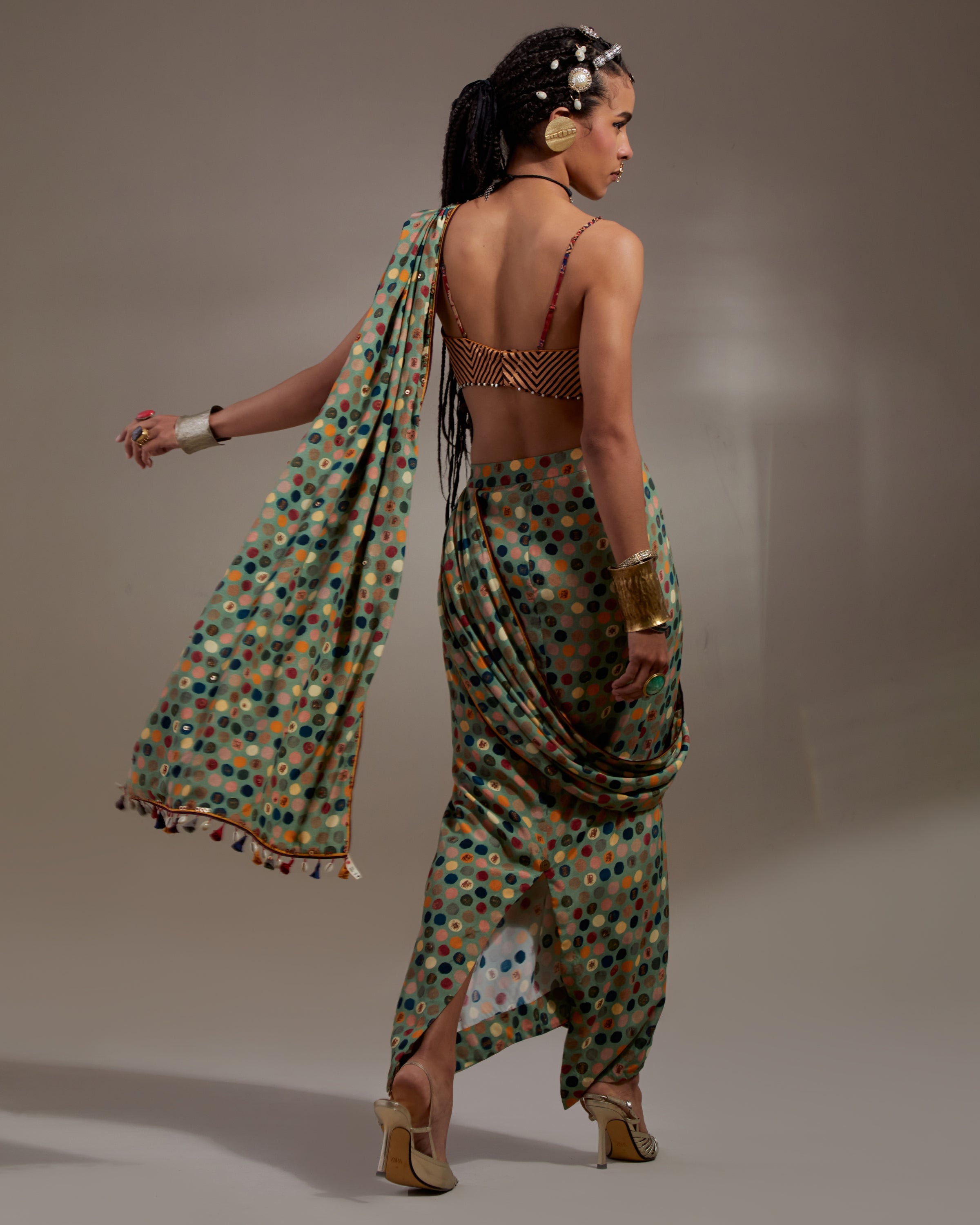 Multi Soma Draped Sari With Bralette Set