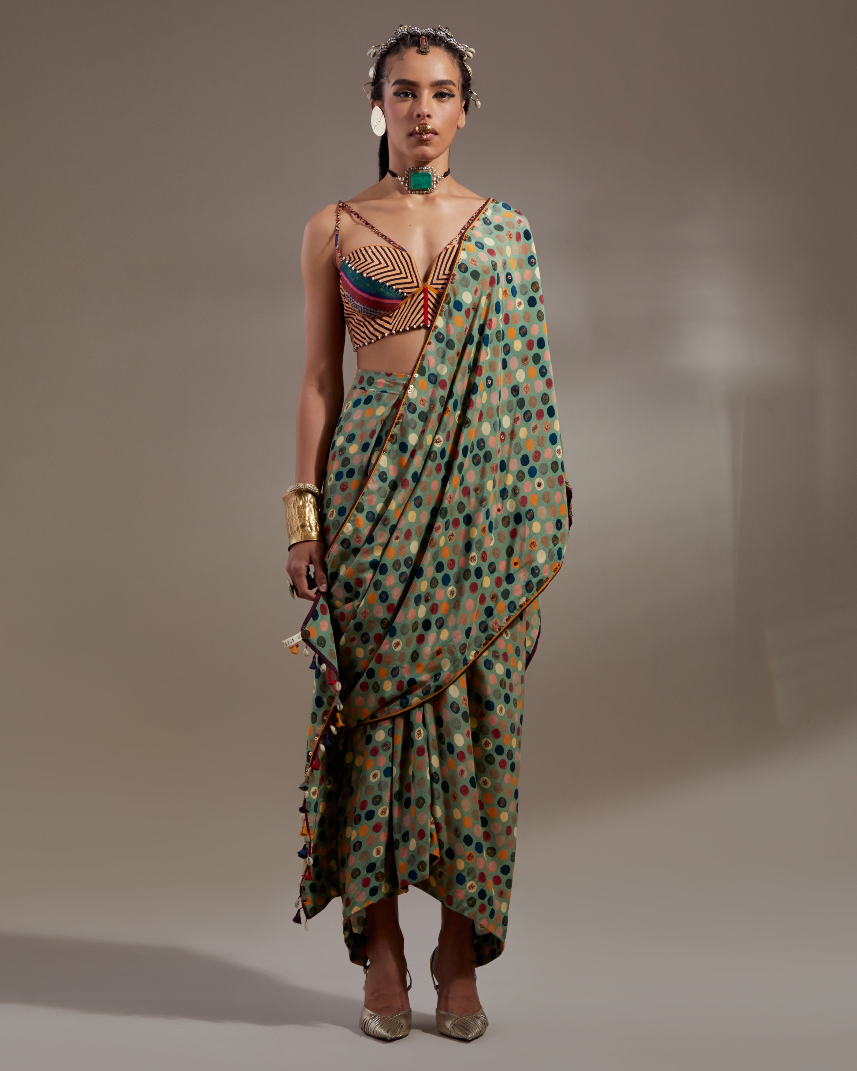 Multi Soma Draped Sari With Bralette Set