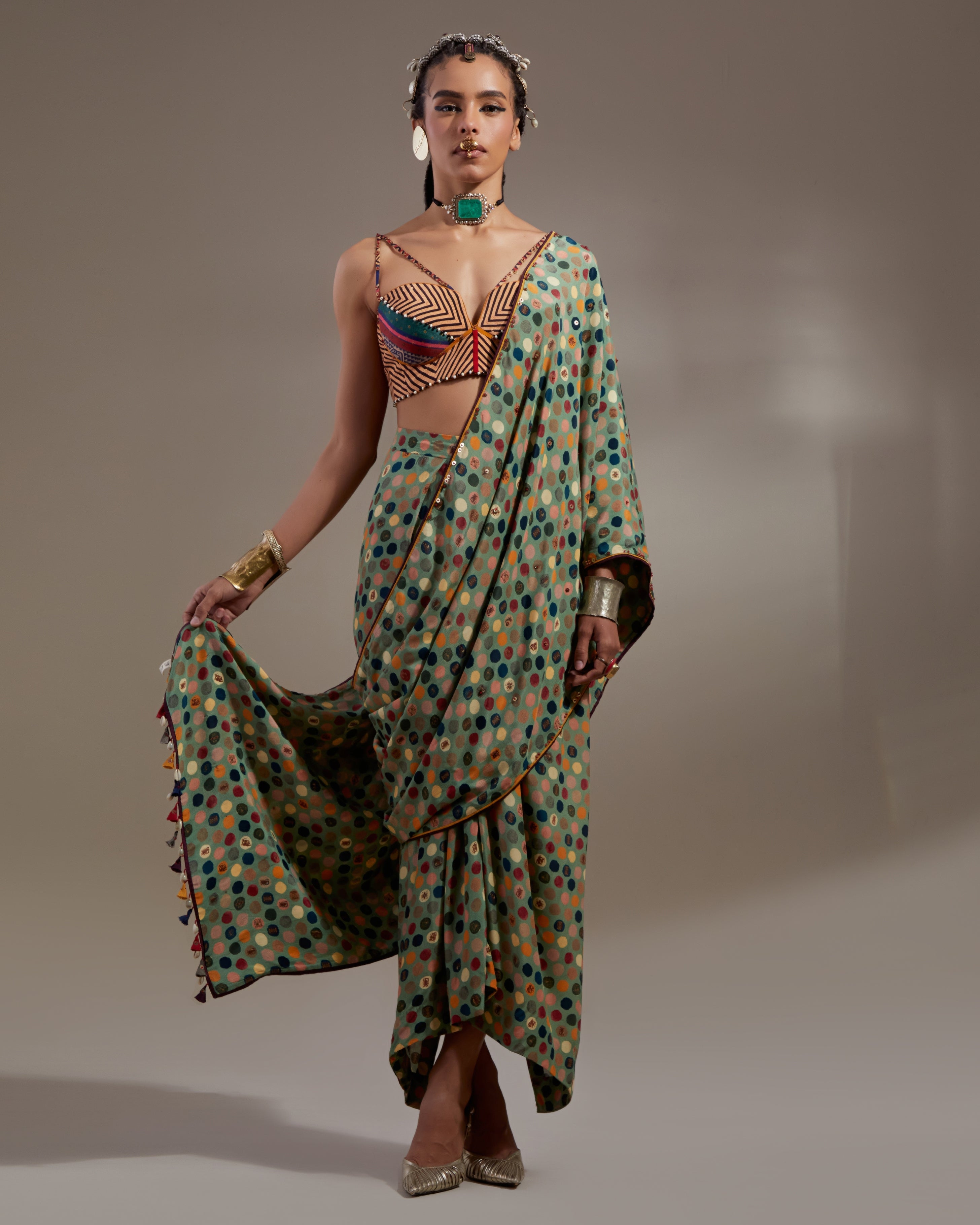 Multi Soma Draped Sari With Bralette Set