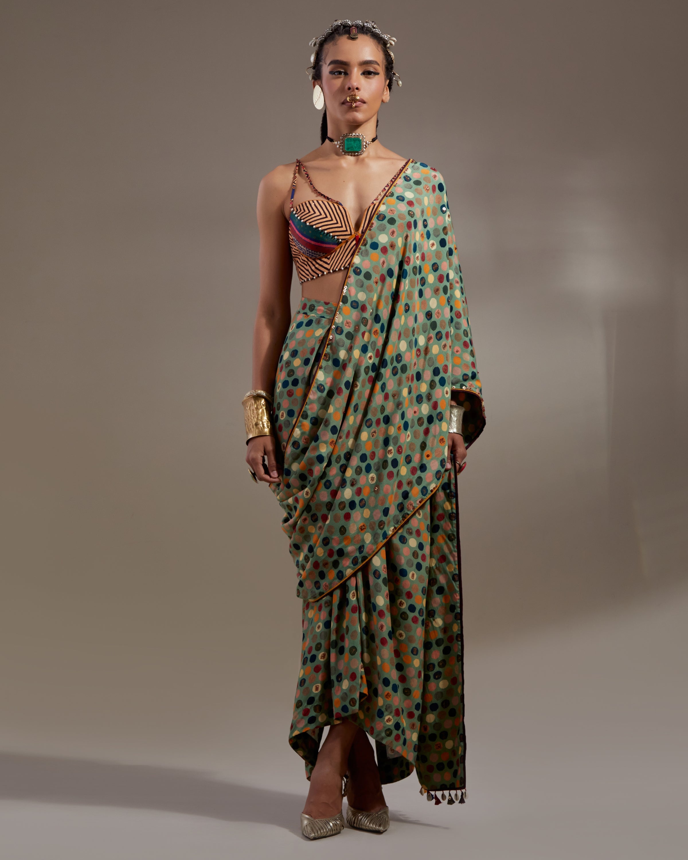 Multi Soma Draped Sari With Bralette Set
