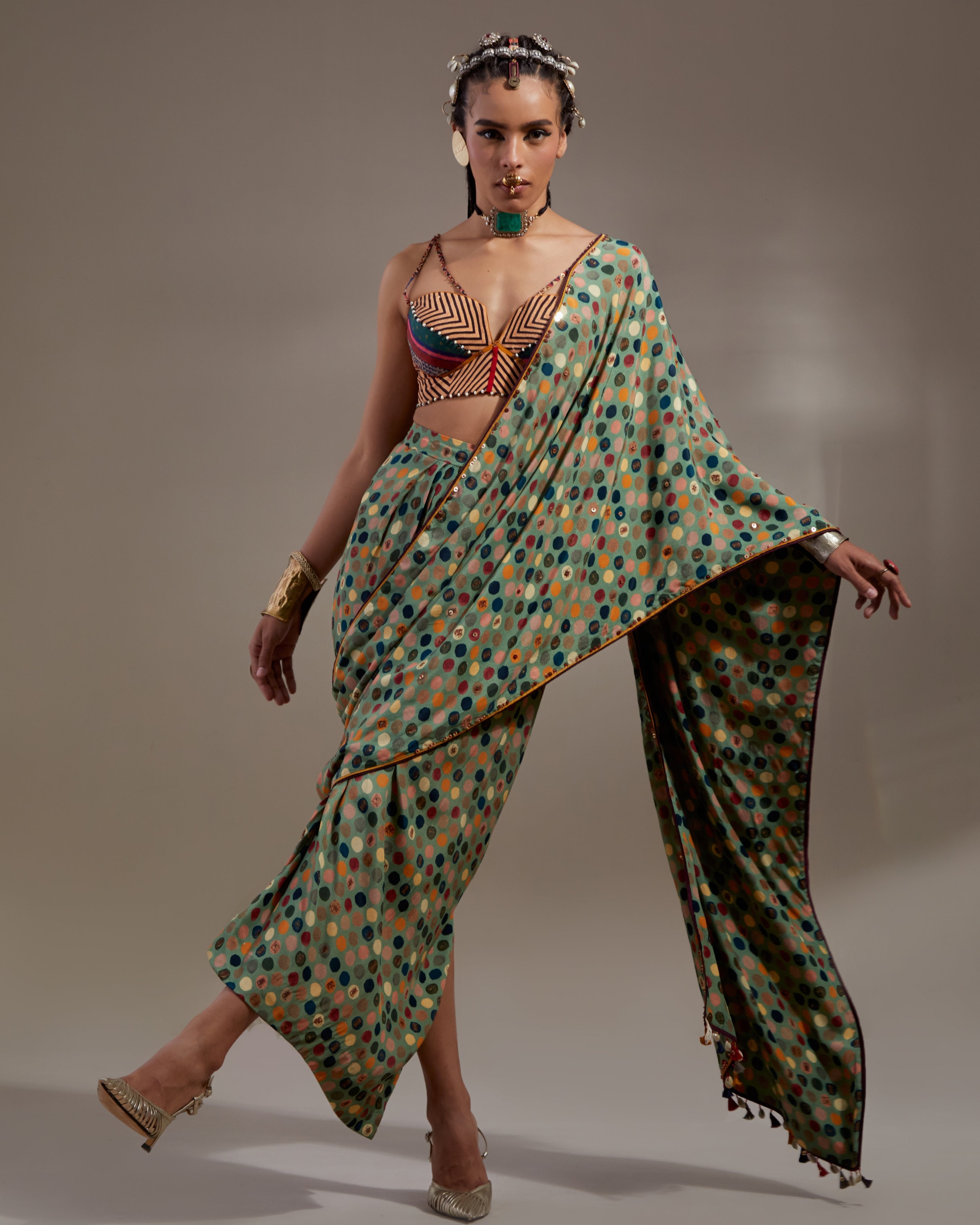 Multi Soma Draped Sari With Bralette Set