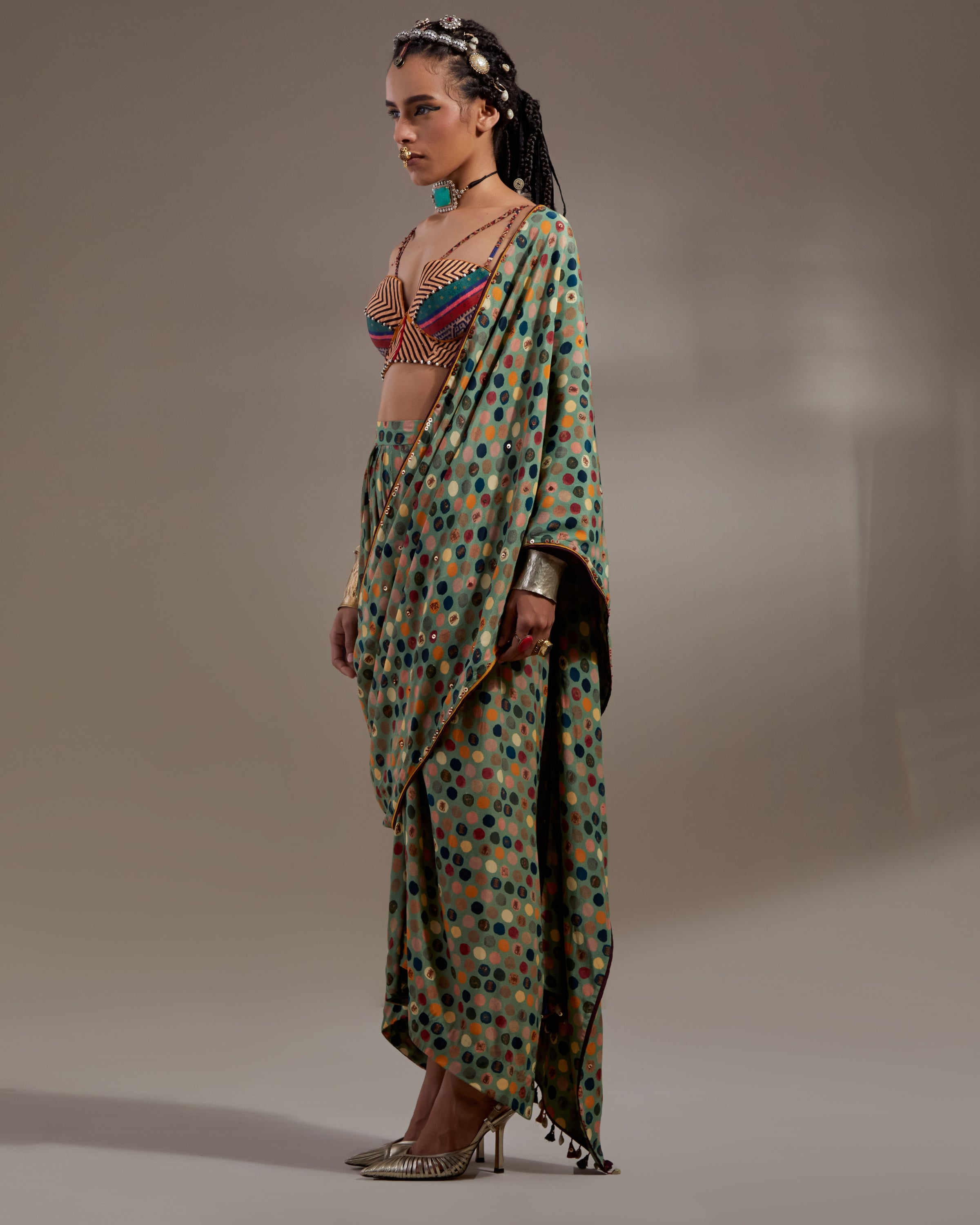 Multi Soma Draped Sari With Bralette Set