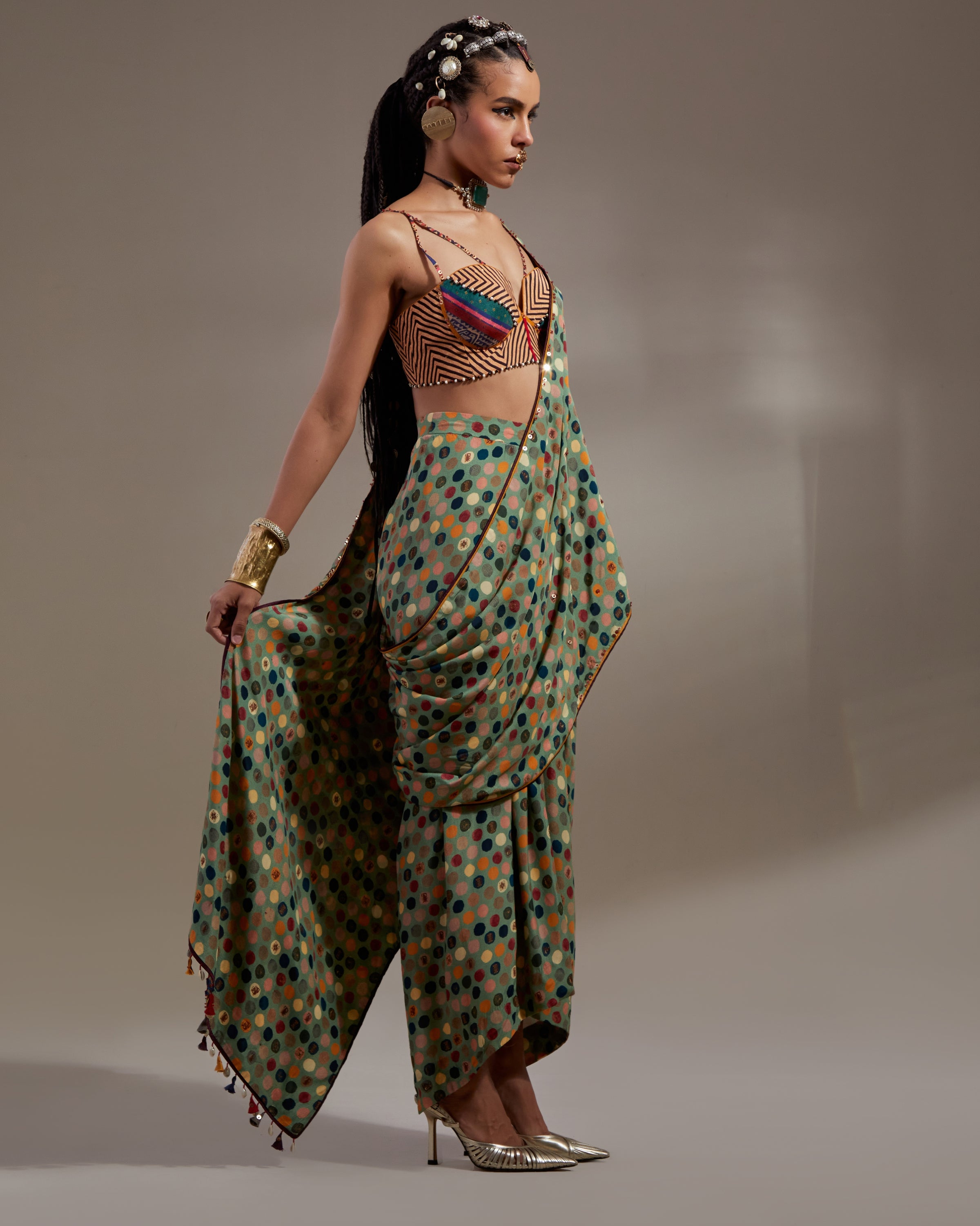 Multi Soma Draped Sari With Bralette Set